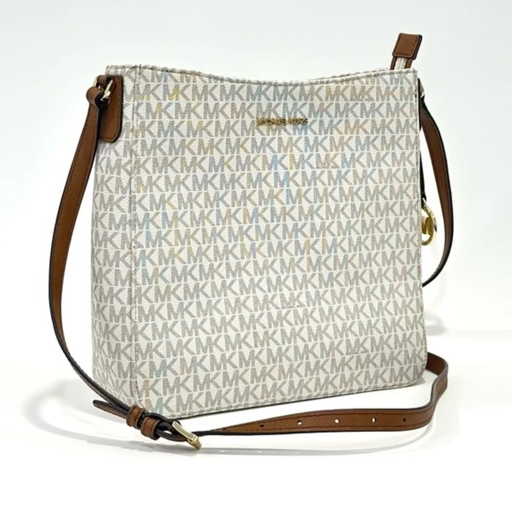 Michael Kors White Logo Crossbody with Brown Strap